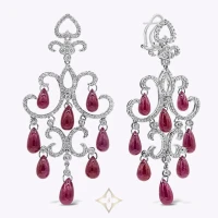 34.10 Carat Total Pear Shape Cabochon Ruby & Diamond Chandelier Earrings in White Gold | NY 🇺🇸