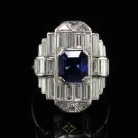 VINTAGE ART DECO PLATINUM BAGUETTE DIAMOND AND SAPPHIRE COCKTAIL RING - GIA | NY 🇺🇸