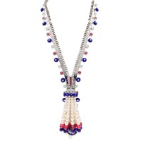 Van Cleef & Arpels White Gold, Pink Tourmaline, Lapis Lazuli, Cultured Pearls and Diamond Zip Couture Necklace | Hong Kong 🇭🇰