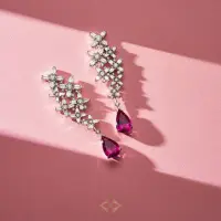 Arch Florale High Jewelry Earrings, 18k White Gold with Arch Cut Diamonds, Brilliant Diamond & Pear Shape Rubellites | Paris 🇫🇷