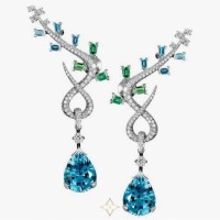 Feuillage High Jewelry Earrings, 18k White Gold Arch Cut Aquamarines & Green Tourmalines, Brilliant Diamonds & Pear shape Aquamarines | Paris 🇫🇷