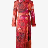 New Season Roberto Cavalli Rose Print Long Crinkle-Effect Trench Coat | VIC 🇦🇺