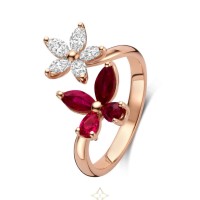 Flower and Butterfly combination ring with Diamonds and Rubies in white gold | Shanghai 🇨🇳