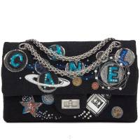 Chanel Black Crystal Bead Embellished Boucle Tweed Space Charms 2.55 Reissue 225 Double Flap Bag Ruthenium Hardware, 2017 | Geneva 🇨🇭
