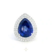 18K Gold Pear-Shaped Tanzanite Cocktail Ring with Double Diamond Halo – 13.07 Carat Center Stone | Dubai 🇦🇪