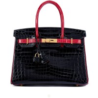 Hermès Black and Rouge Braise Shiny Niloticus Crocodile HSS Birkin 30 Gold Hardware, 2016 | Paris 🇫🇷