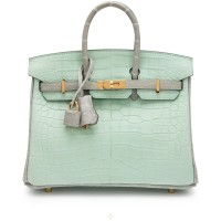 Hermès Vert D'Eau and Gris Perle Matte Alligator Birkin 25 Gold Hardware, 2022 | Paris 🇫🇷