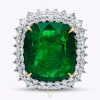 GIA Certified 24.75 Carats Cushion Cut Emerald & Diamond Double Halo Cocktail Ring in Yellow Gold & Platinum | NY 🇺🇸