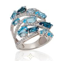 WHITE GOLD FEATHER RING WITH LONDON TOPAZES, SKY TOPAZZS, SWISS TOPAZZS AND DIAMONDS | São Paulo 🇧🇷