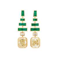 Gold, 6.29ctw Radiant Cut Fancy Light Yellow Diamond, Emerald and Diamond Earrings | London 🇬🇧