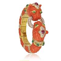 David Webb Platinum & 18K Yellow Gold Carved Coral Bangle Bracelet | NY 🇺🇸